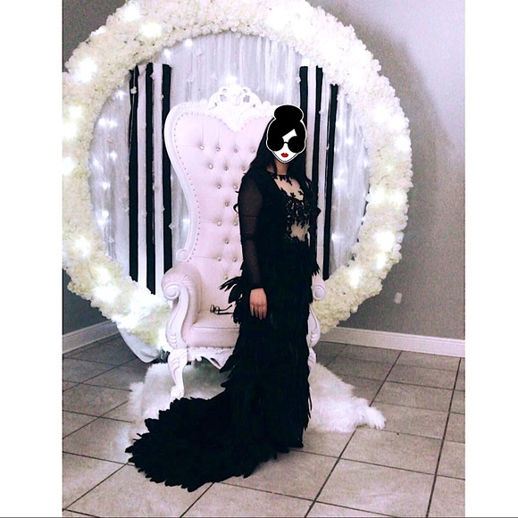 Feather Long Maxi Prom Embellished Gown Dress - Picture 6 of 12